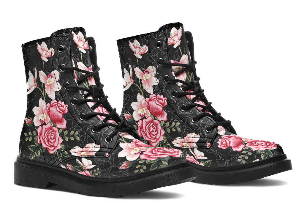 Black boots with pink floral design