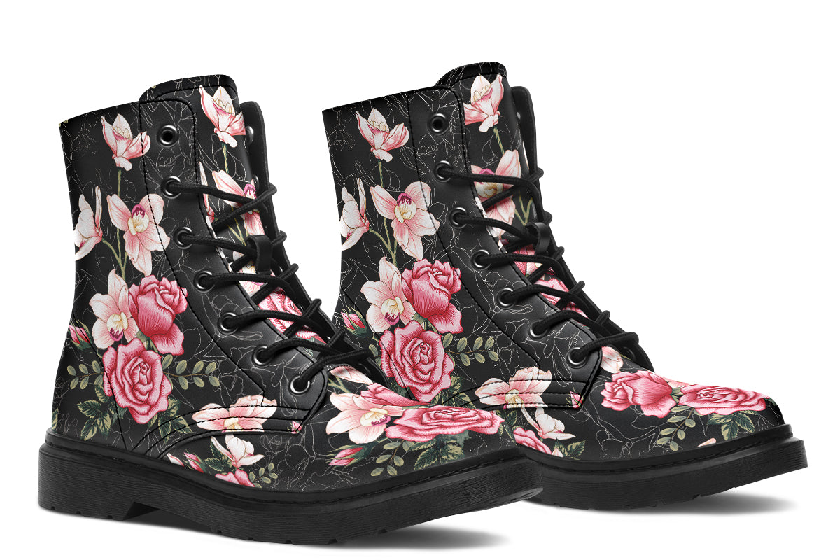 Black boots with pink floral design
