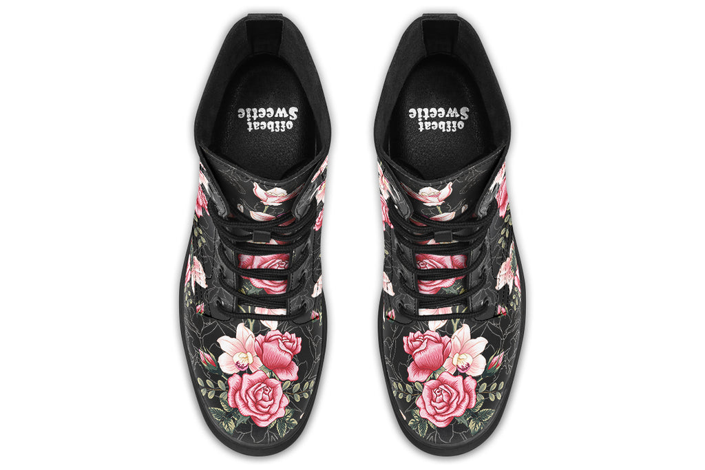Black boots with pink floral design