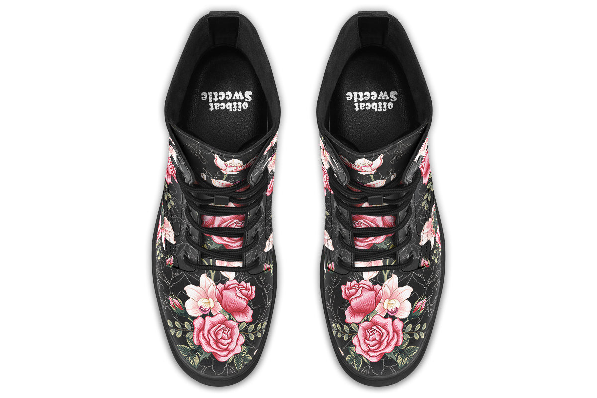Black boots with pink floral design