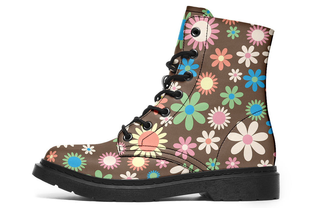 Brown boots with retro floral pattern on them