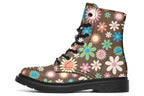 Brown boots with retro floral pattern on them