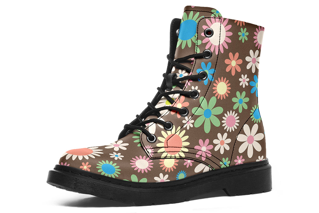 Brown boots with retro floral pattern on them
