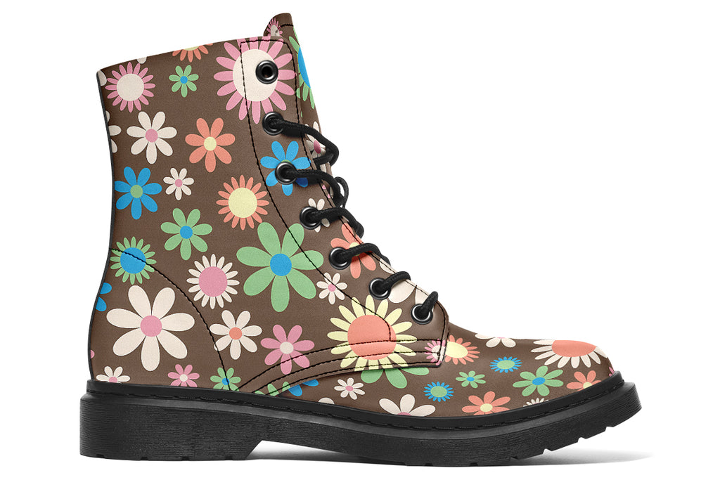 Brown boots with retro floral pattern on them