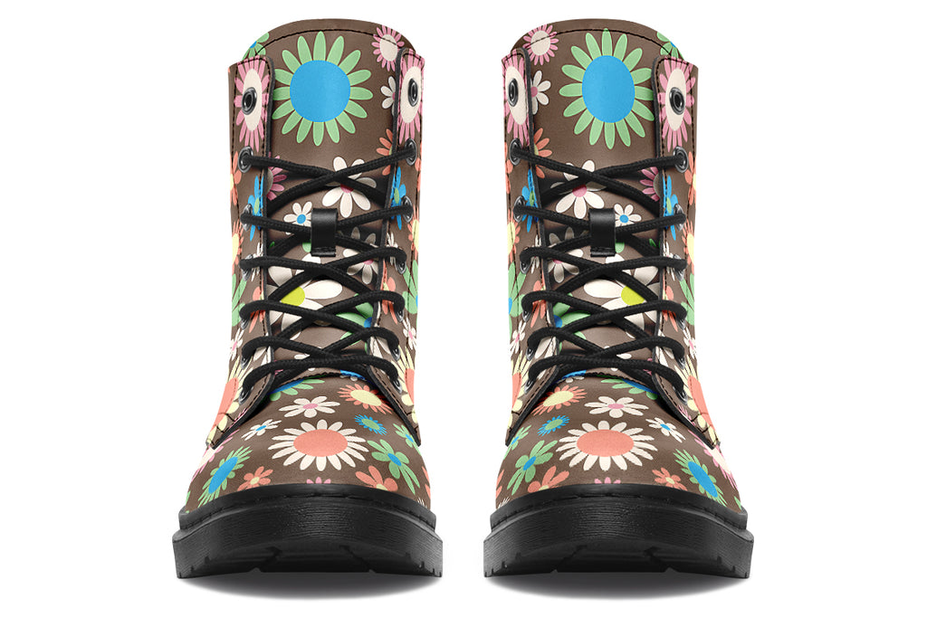Brown boots with retro floral pattern on them