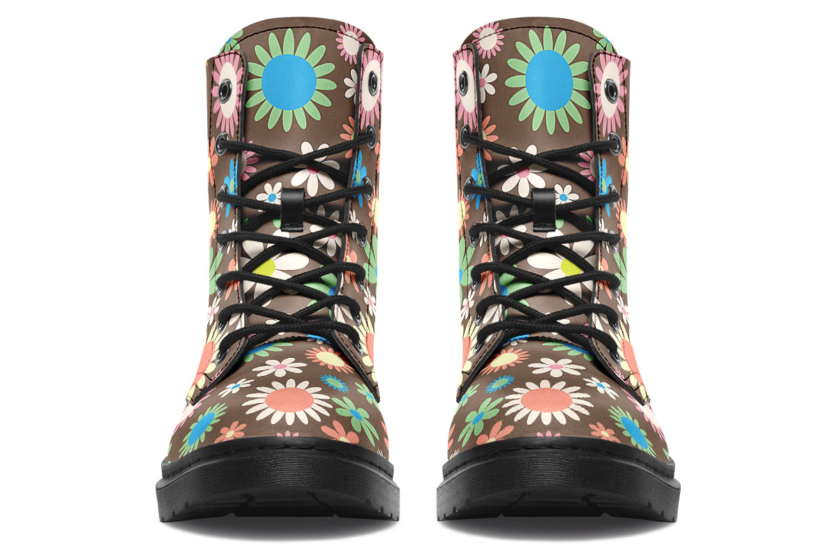 Brown boots with retro floral pattern on them