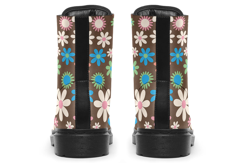 Brown boots with retro floral pattern on them