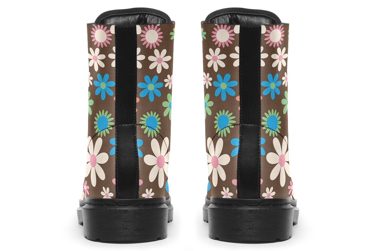 Brown boots with retro floral pattern on them