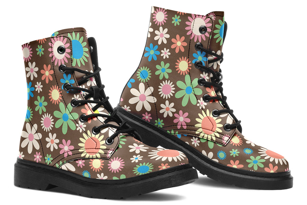 Brown boots with retro floral pattern on them