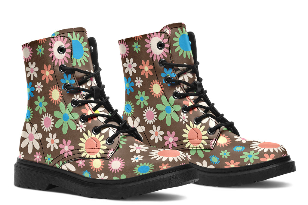 Brown boots with retro floral pattern on them