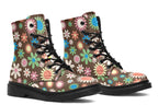 Brown boots with retro floral pattern on them