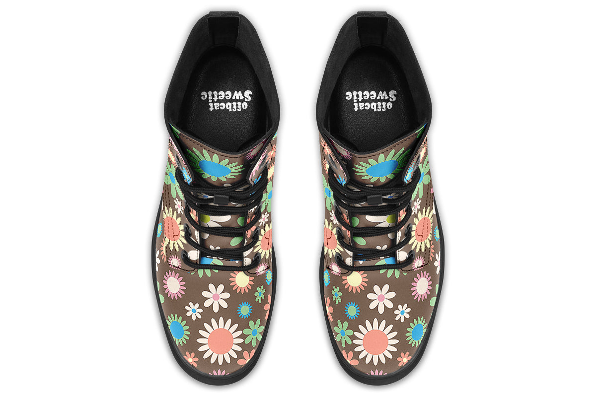 Brown boots with retro floral pattern on them