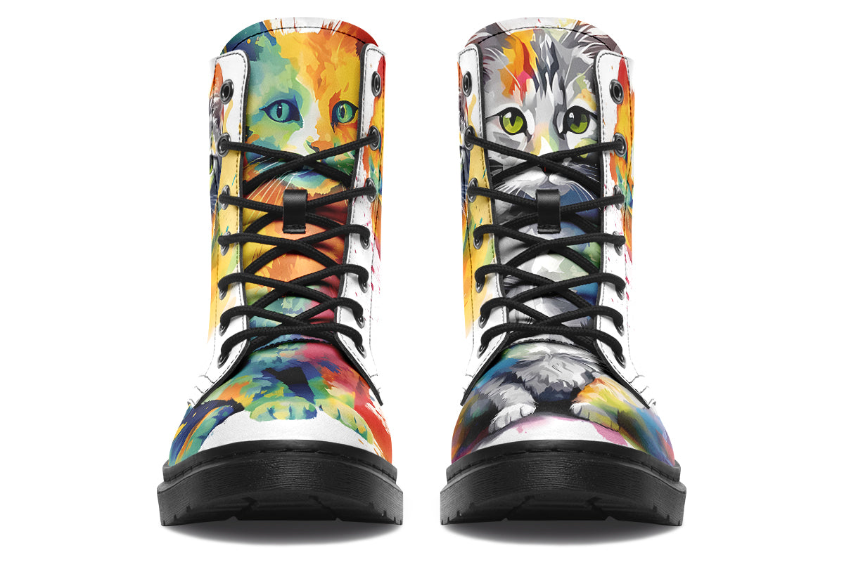 White boots, each with a different cat image, with watercolour splashes of colour coming out from behind them