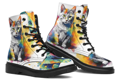 White boots, each with a different cat image, with watercolour splashes of colour coming out from behind them