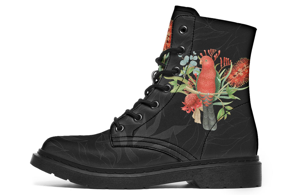 Black boots featuring an image of a king parrot with Australian flora