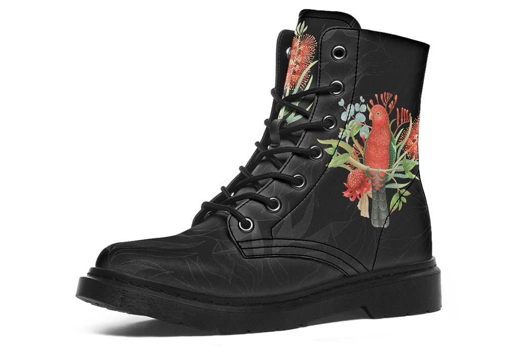 Black boots featuring an image of a king parrot with Australian flora