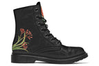 Black boots featuring an image of a king parrot with Australian flora
