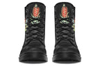 Black boots featuring an image of a king parrot with Australian flora