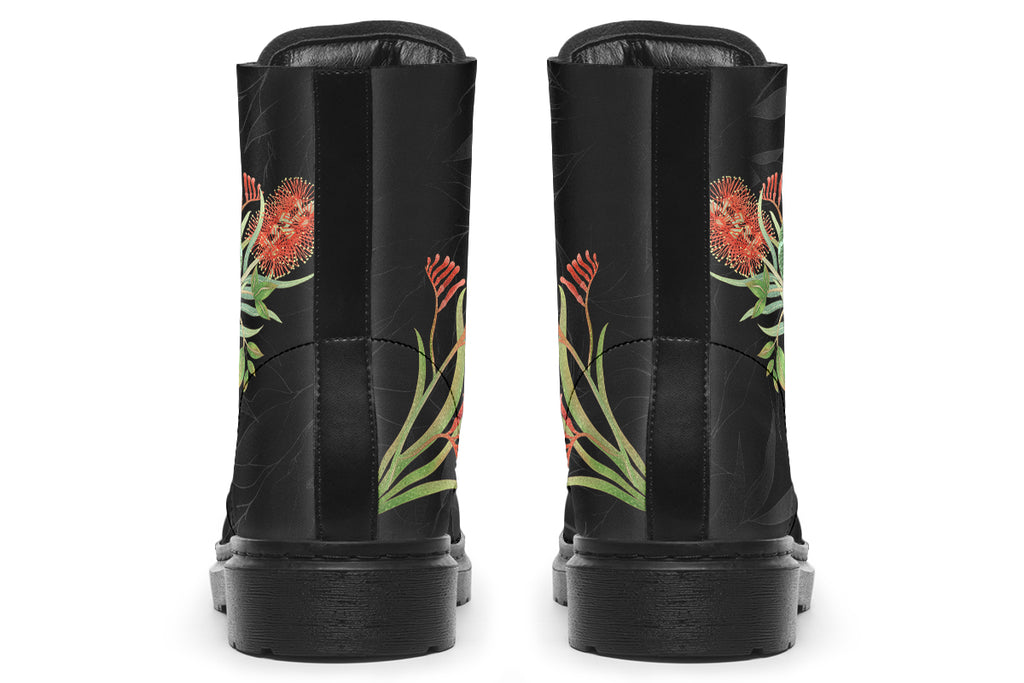 Black boots featuring an image of a king parrot with Australian flora