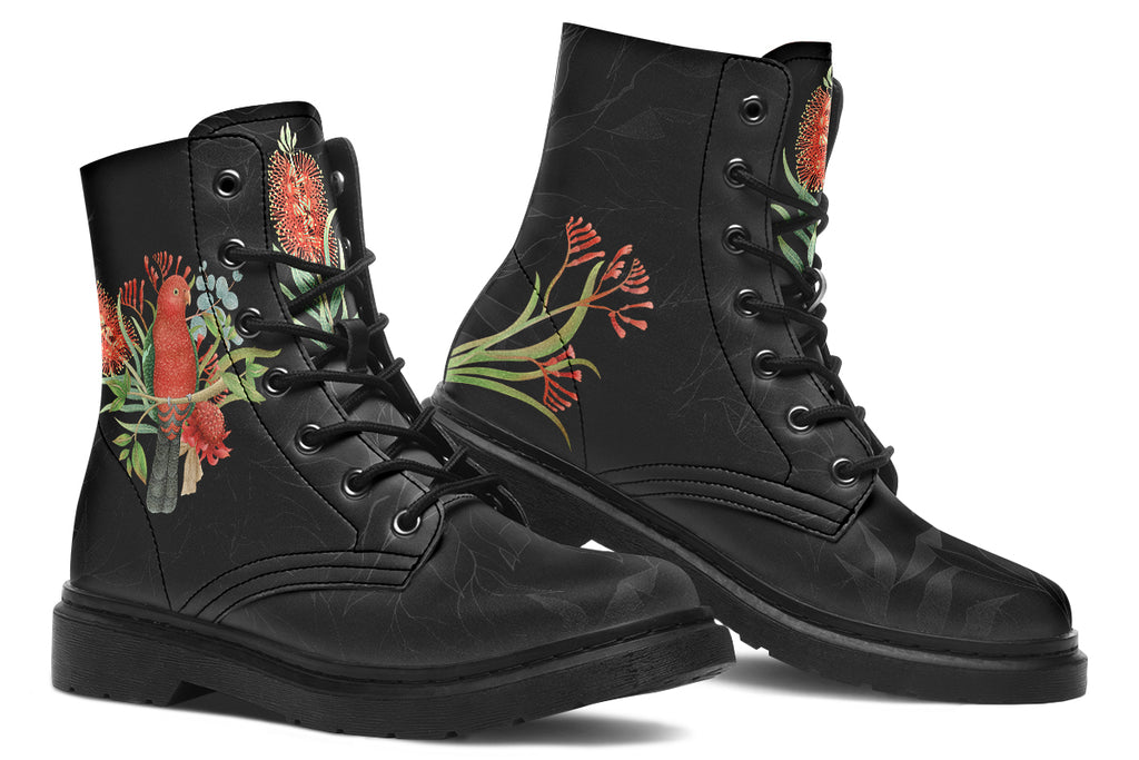 Black boots featuring an image of a king parrot with Australian flora