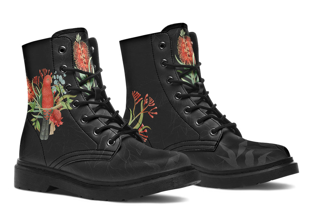 Black boots featuring an image of a king parrot with Australian flora