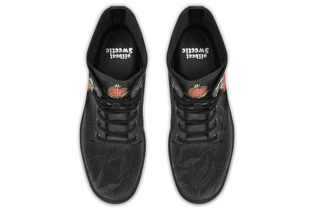 Black boots featuring an image of a king parrot with Australian flora