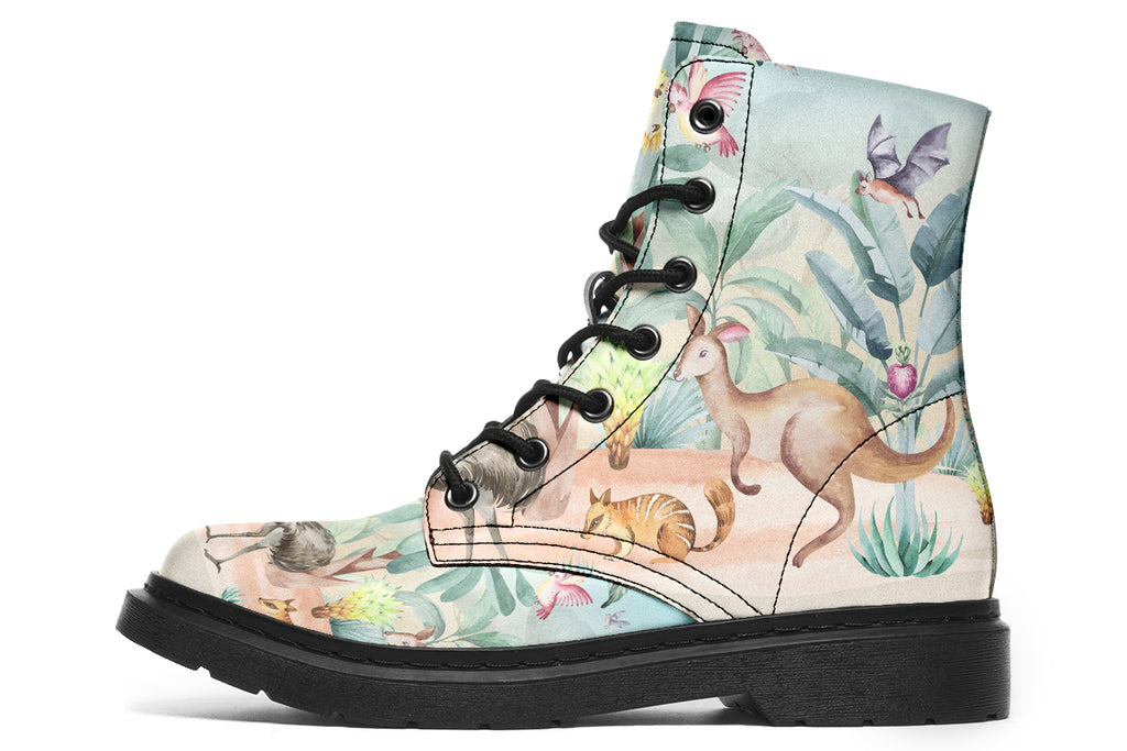 Boots featuring an Australian outback theme, with various Australian animals such as kangaroos, emus, koalas and echidnas.