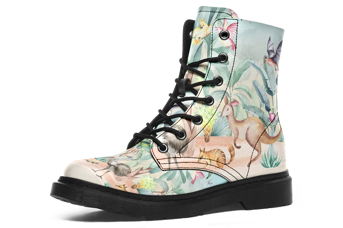 Boots featuring an Australian outback theme, with various Australian animals such as kangaroos, emus, koalas and echidnas.
