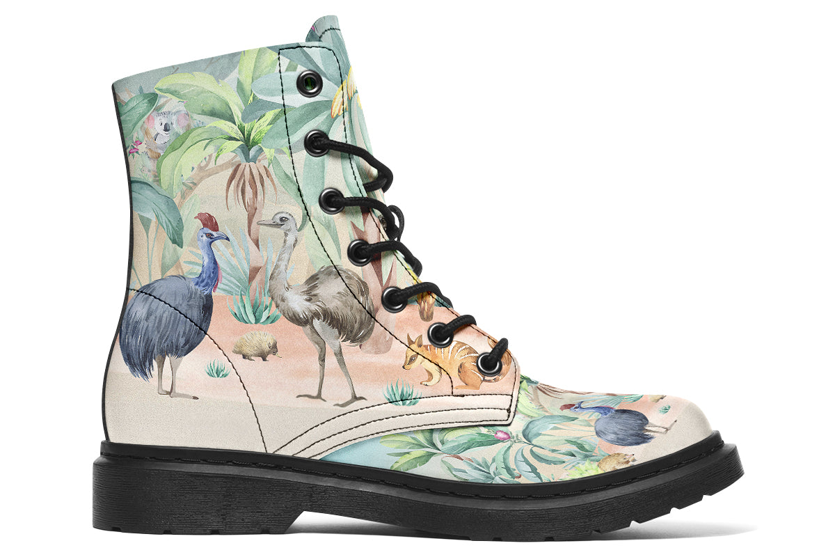 Boots featuring an Australian outback theme, with various Australian animals such as kangaroos, emus, koalas and echidnas.