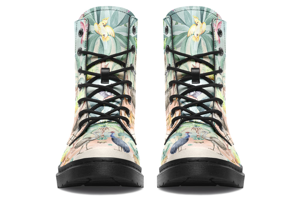 Boots featuring an Australian outback theme, with various Australian animals such as kangaroos, emus, koalas and echidnas.