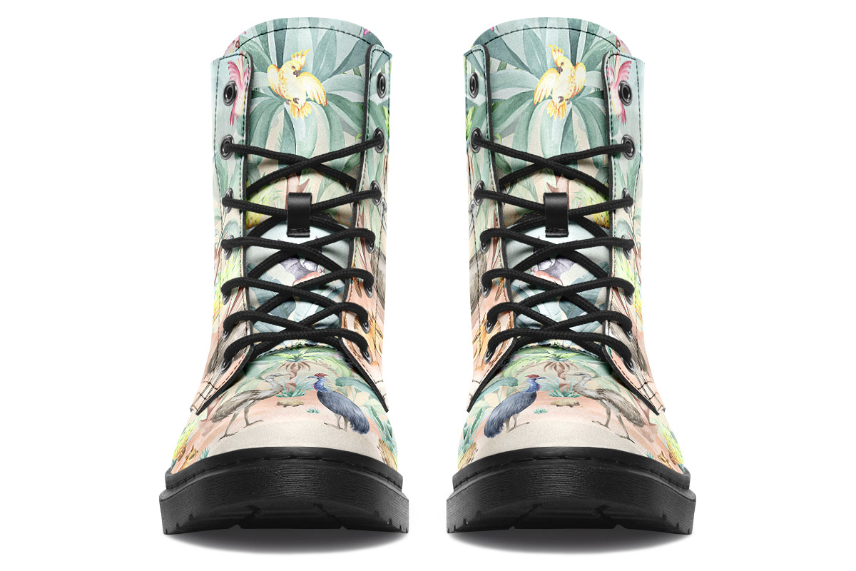 Boots featuring an Australian outback theme, with various Australian animals such as kangaroos, emus, koalas and echidnas.