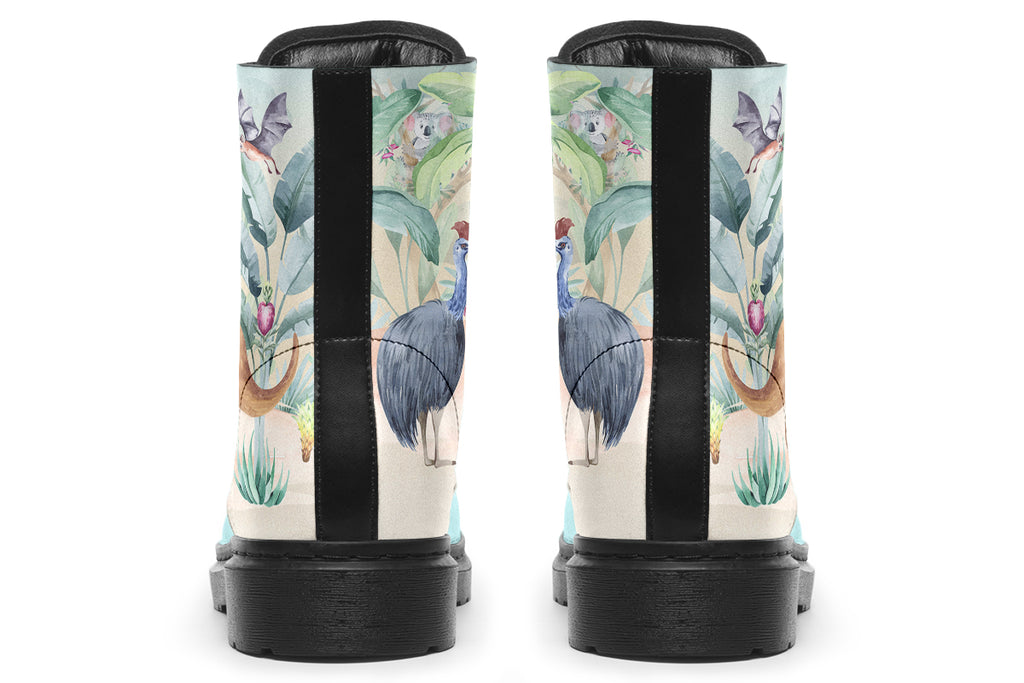 Boots featuring an Australian outback theme, with various Australian animals such as kangaroos, emus, koalas and echidnas.