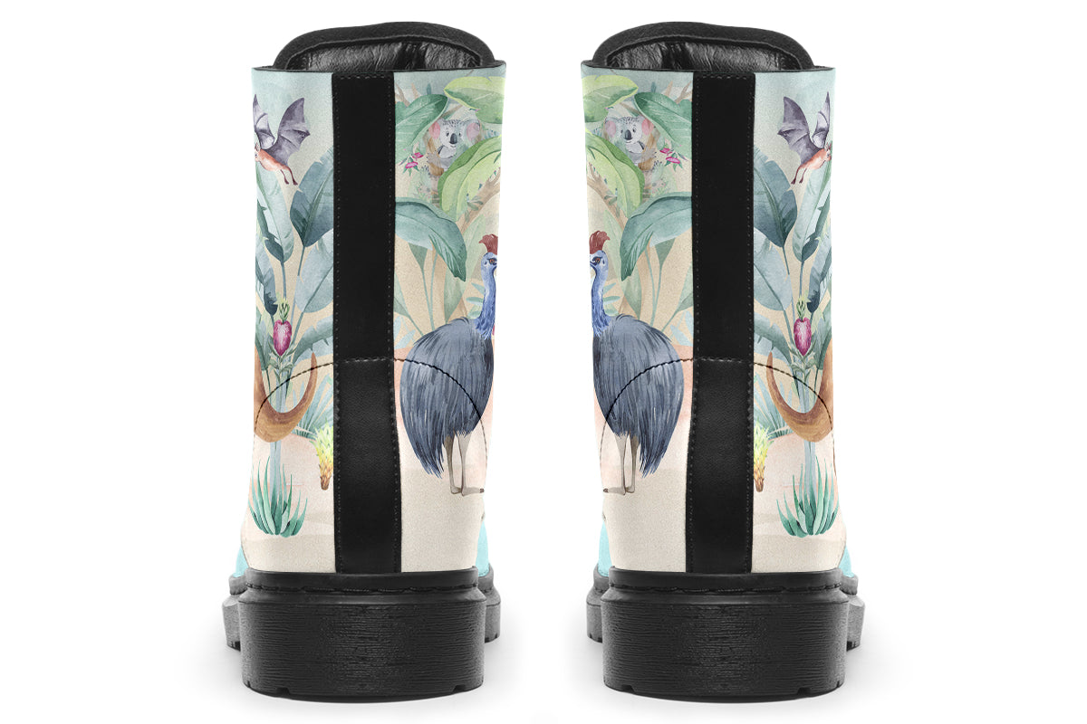 Boots featuring an Australian outback theme, with various Australian animals such as kangaroos, emus, koalas and echidnas.