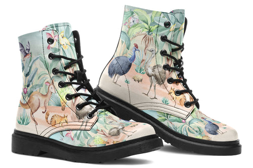 Boots featuring an Australian outback theme, with various Australian animals such as kangaroos, emus, koalas and echidnas.