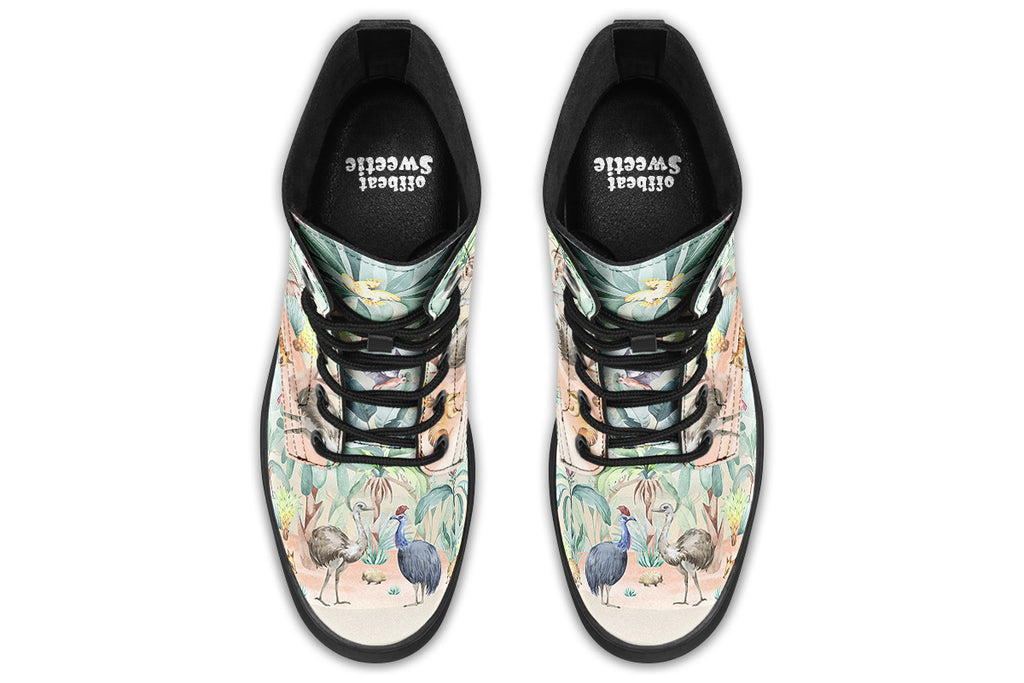 Boots featuring an Australian outback theme, with various Australian animals such as kangaroos, emus, koalas and echidnas.