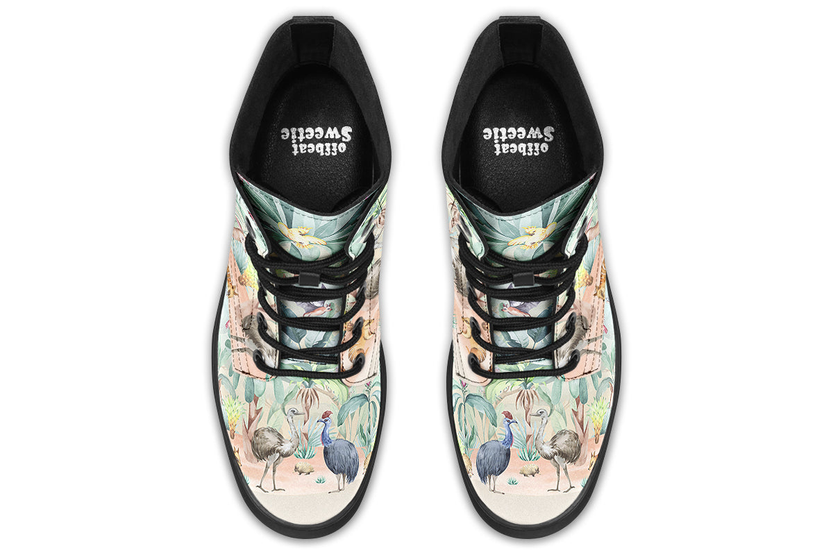 Boots featuring an Australian outback theme, with various Australian animals such as kangaroos, emus, koalas and echidnas.