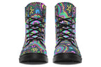 Indigenous Australian dot patterned design on boots with a black sole. The design has multiple colours, including pink, blue, green, purple, yellow and white, on a black background.