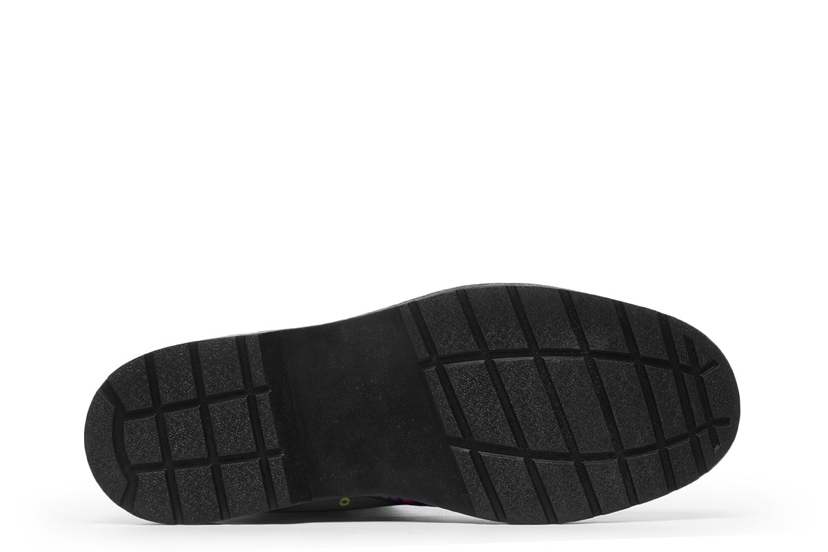 Indigenous Australian dot patterned design on boots with a black sole. The design has multiple colours, including pink, blue, green, purple, yellow and white, on a black background.