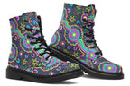 Indigenous Australian dot patterned design on boots with a black sole. The design has multiple colours, including pink, blue, green, purple, yellow and white, on a black background.