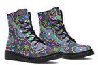 Indigenous Australian dot patterned design on boots with a black sole. The design has multiple colours, including pink, blue, green, purple, yellow and white, on a black background.