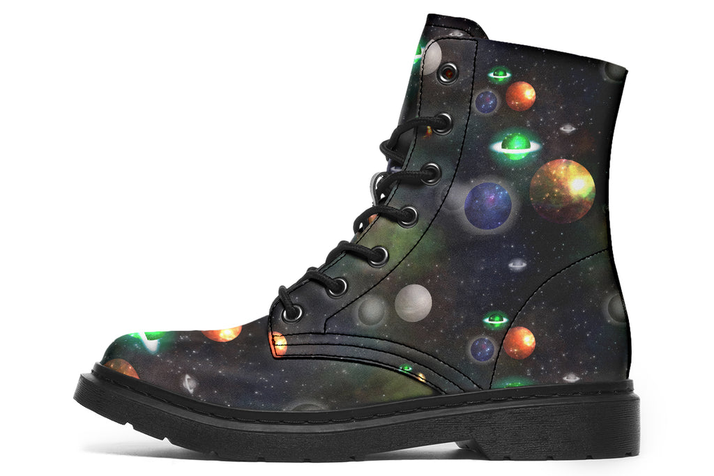 Black boots with planet design
