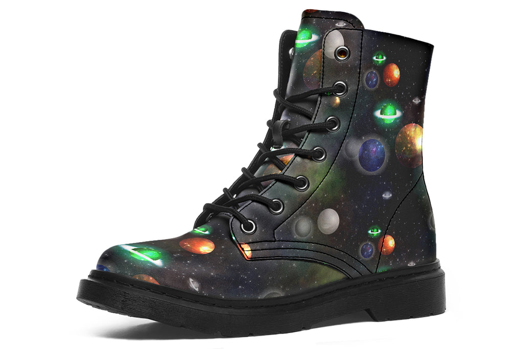 Black boots with planet design