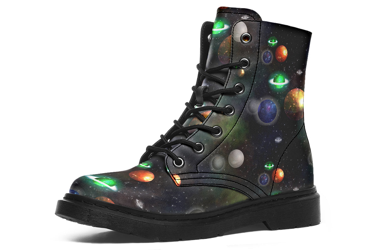Black boots with planet design