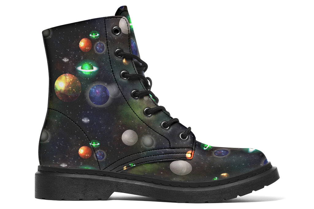 Black boots with planet design