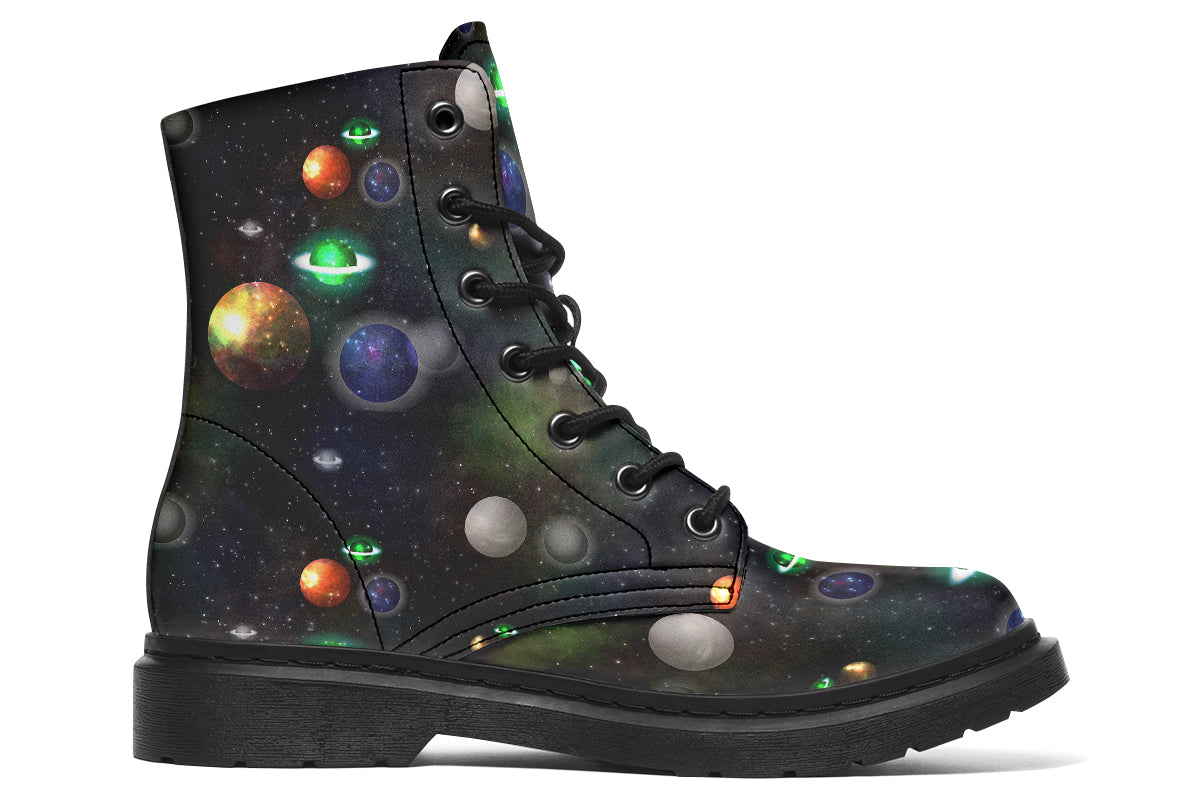 Black boots with planet design