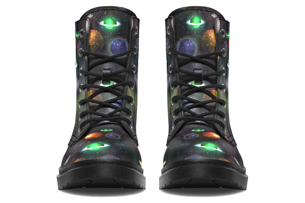 Black boots with planet design