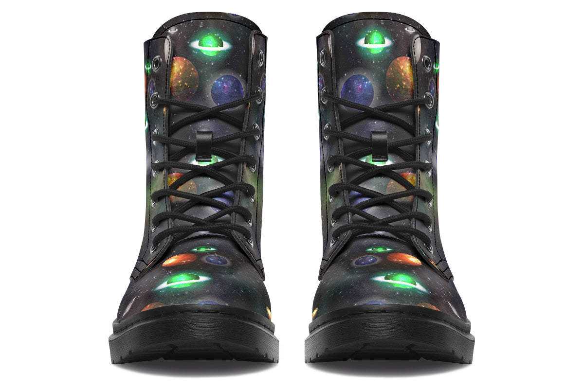 Black boots with planet design