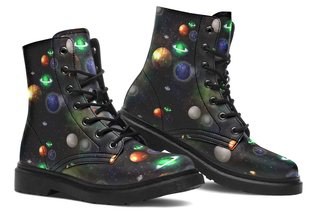 Black boots with planet design
