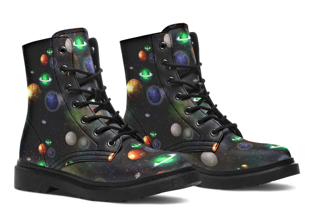 Black boots with planet design