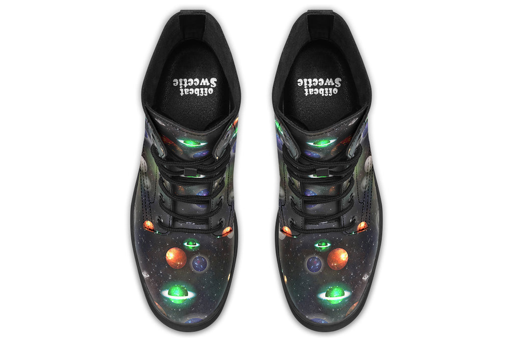 Black boots with planet design